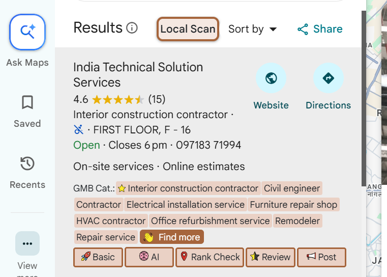 Local SEO services Delhi NCR – Google Maps pack ranking showing top 3 positions for Delhi business